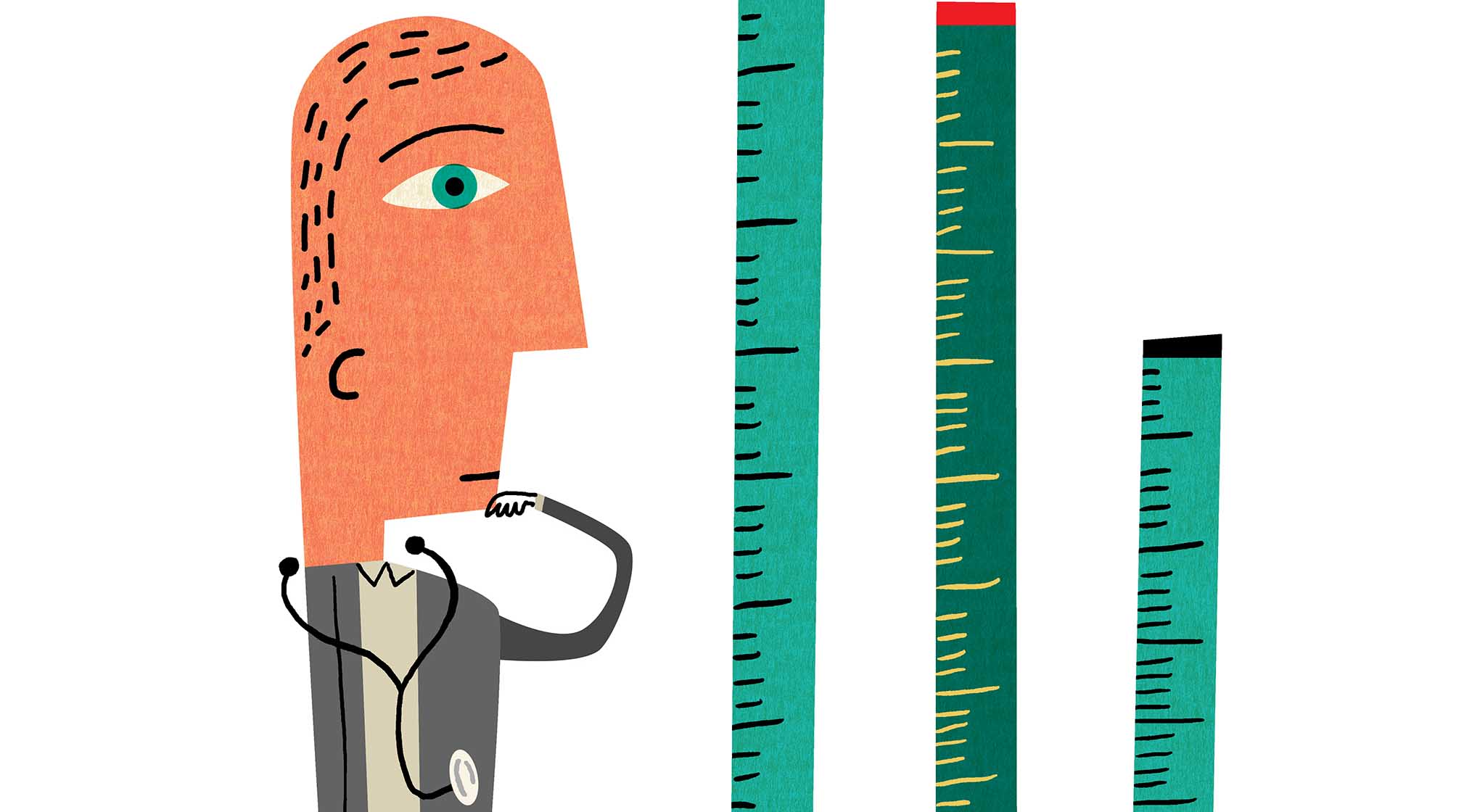 Leading: Expectations, Roles, and Responsibilities of Medical School Department Chairs Illustration of a man looking at measuring sticks